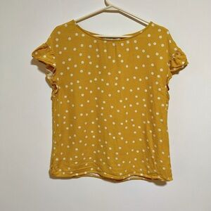 Ellen Tracy (sz M) Yellow Linen White Polka Dot Ruffle Short Sleeve Shirt